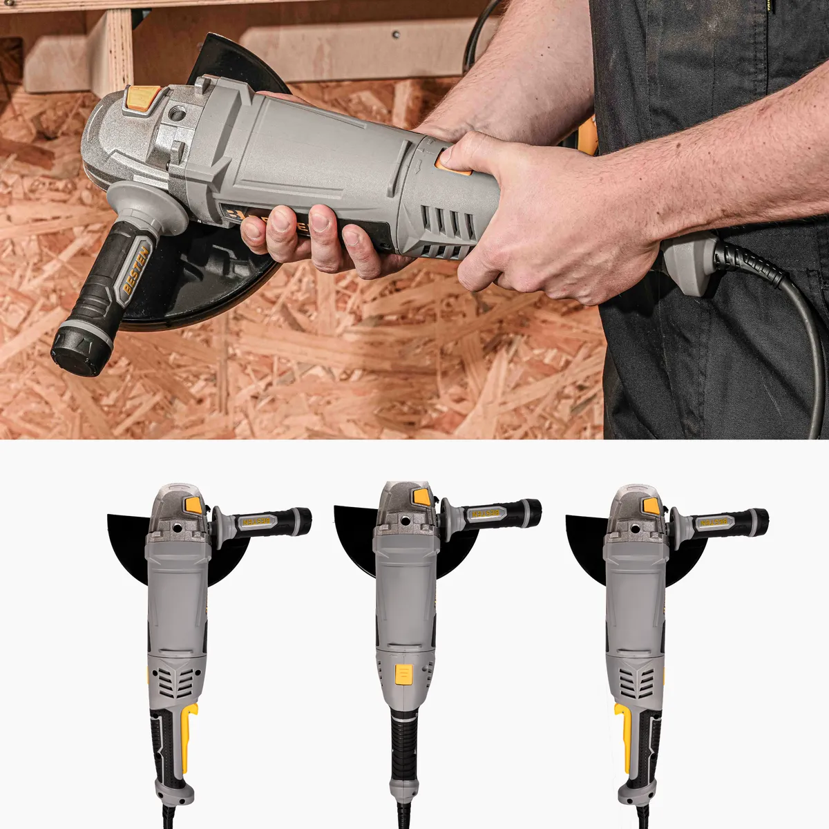 Szlifierka kątowa BESTEN BE-2930 w akcji cięcie metalu - ergonomiczny kształt